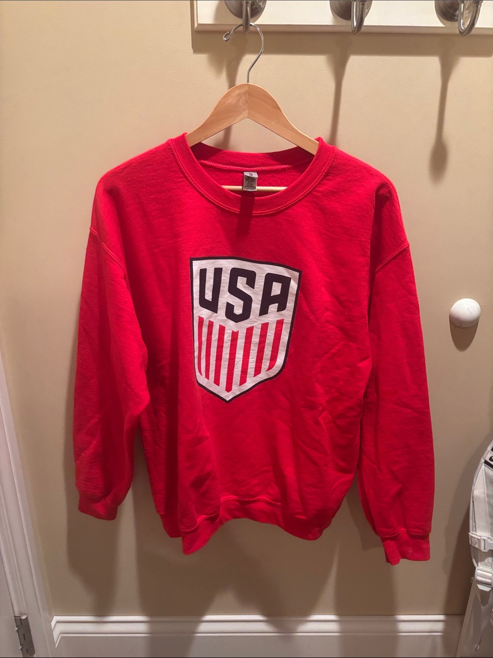 Gildan Red Crewneck Sweatshirt with USA Shield Graphic